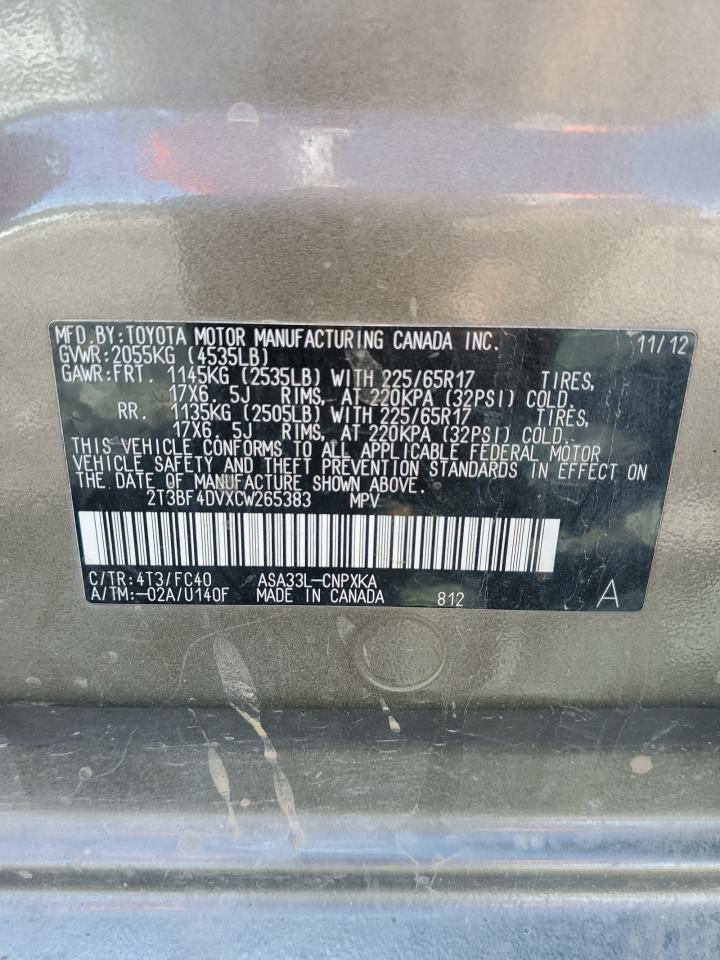 2012 Toyota Rav4 VIN: 2T3BF4DVXCW265383 Lot: 85126495