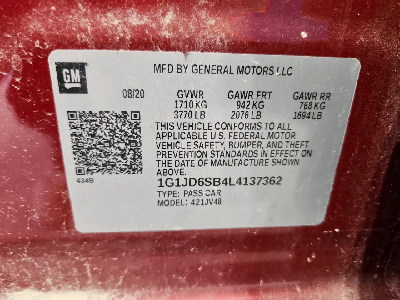 2020 Chevrolet Sonic Lt VIN: 1G1JD6SB4L4137362 Lot: 85545565