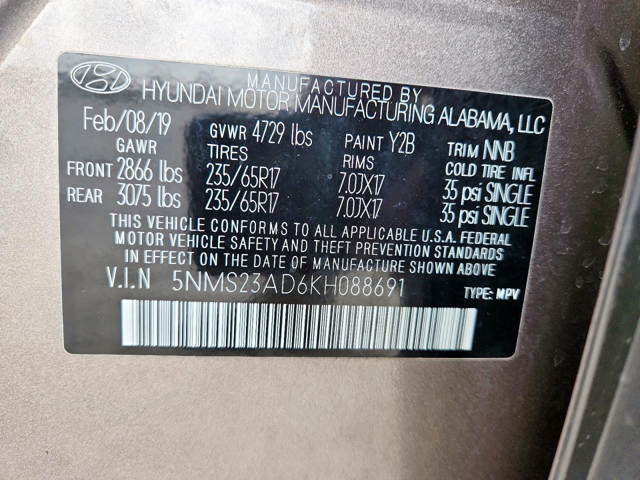 2019 Hyundai Santa Fe Se VIN: 5NMS23AD6KH088691 Lot: 86144505