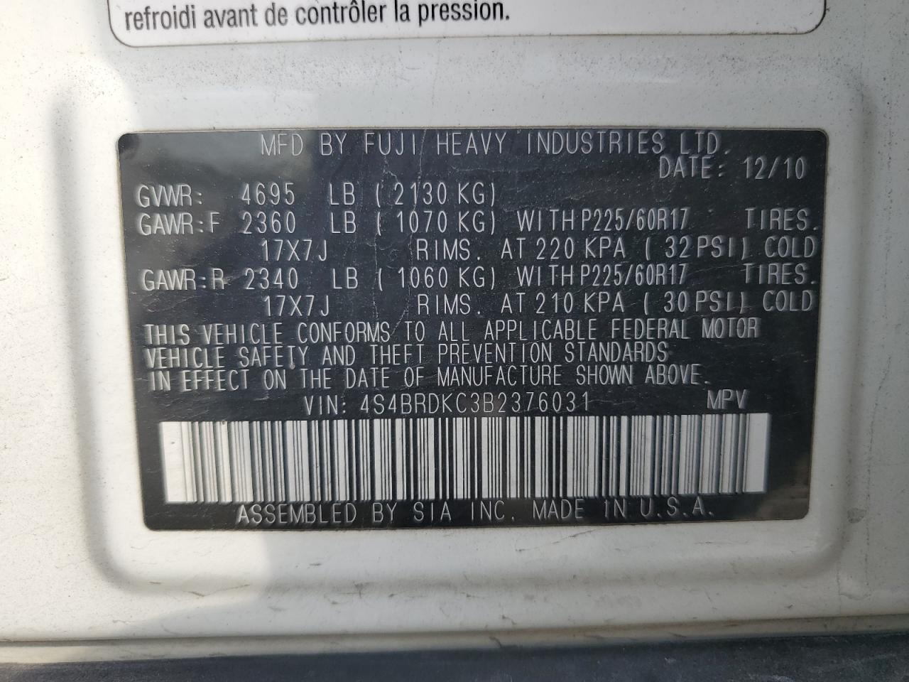 2011 Subaru Outback 3.6R Limited VIN: 4S4BRDKC3B2376031 Lot: 85160065