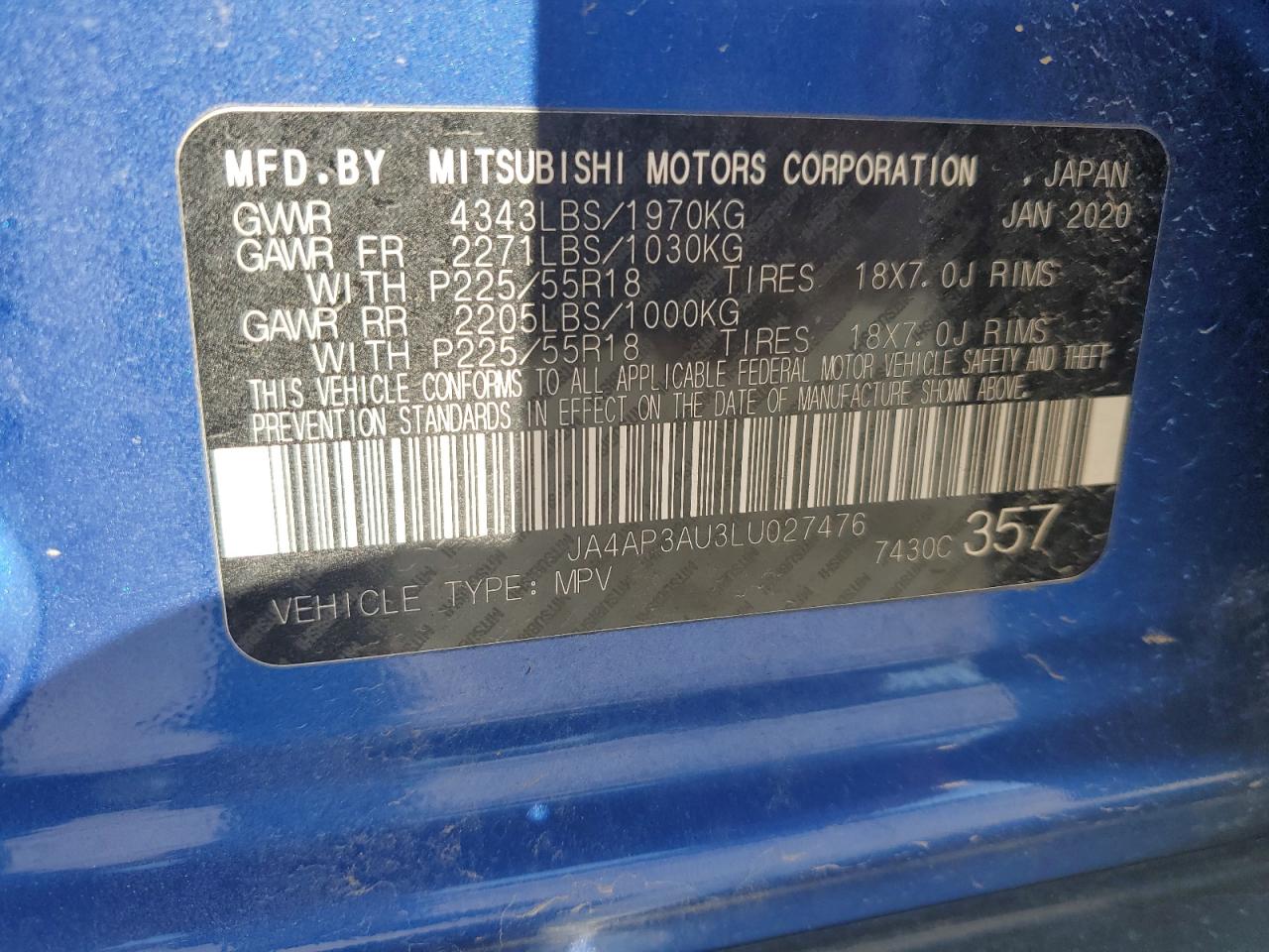 2020 Mitsubishi Outlander Sport Es VIN: JA4AP3AU3LU027476 Lot: 87411595