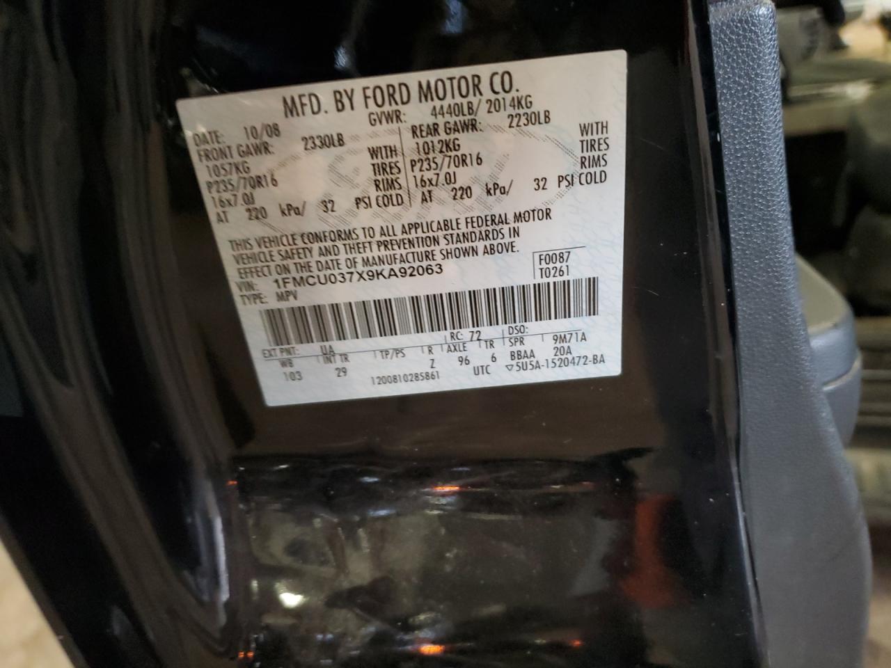 2009 Ford Escape Xlt VIN: 1FMCU037X9KA92063 Lot: 86156535