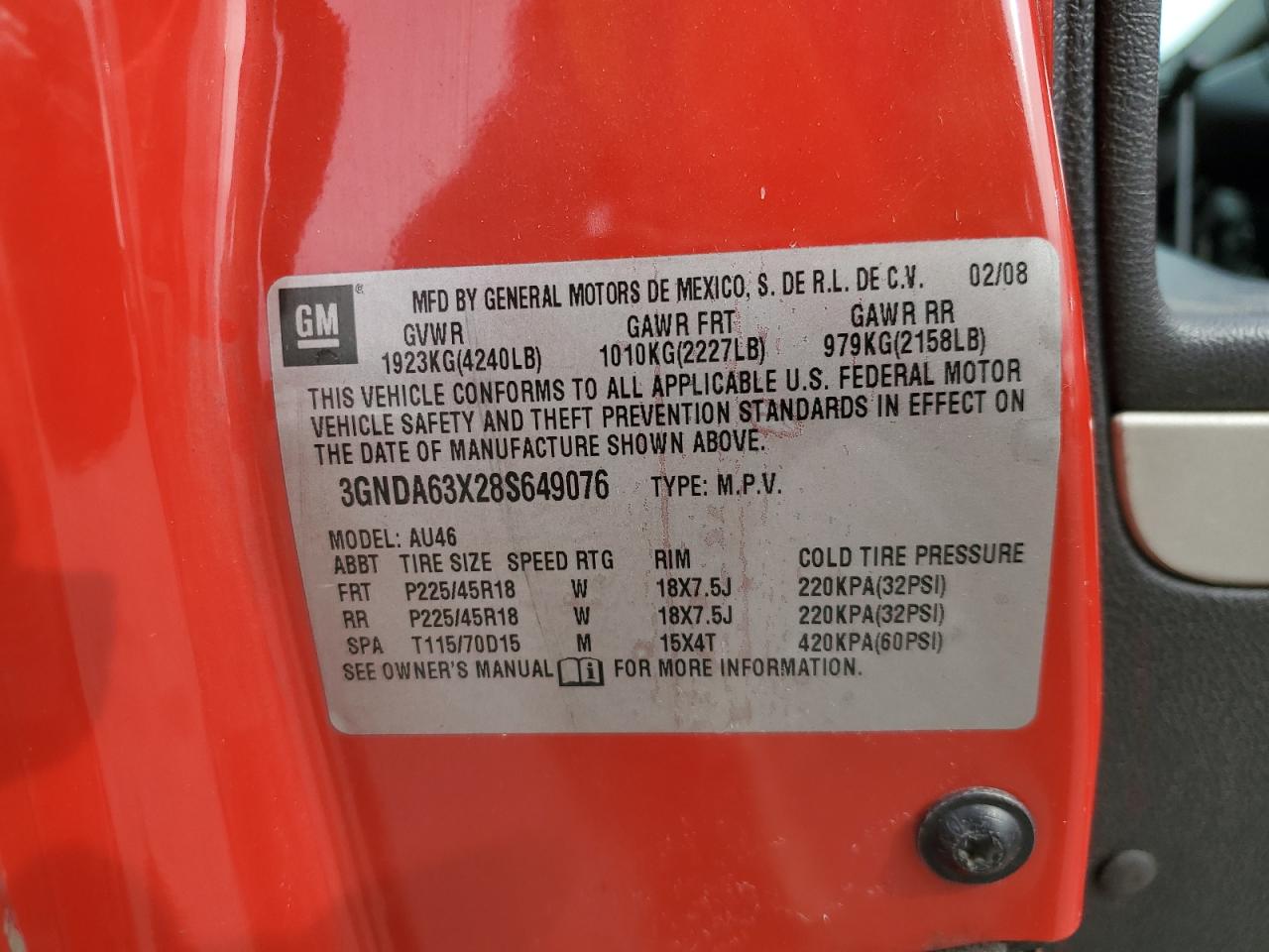 2008 Chevrolet Hhr Ss VIN: 3GNDA63X28S649076 Lot: 82691325