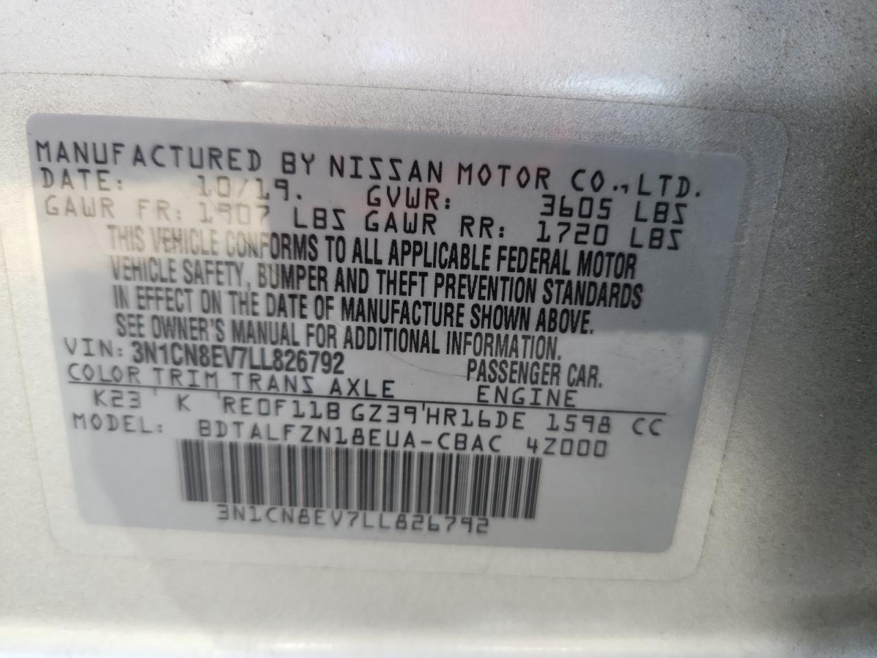 2020 Nissan Versa Sv VIN: 3N1CN8EV7LL826792 Lot: 85185315