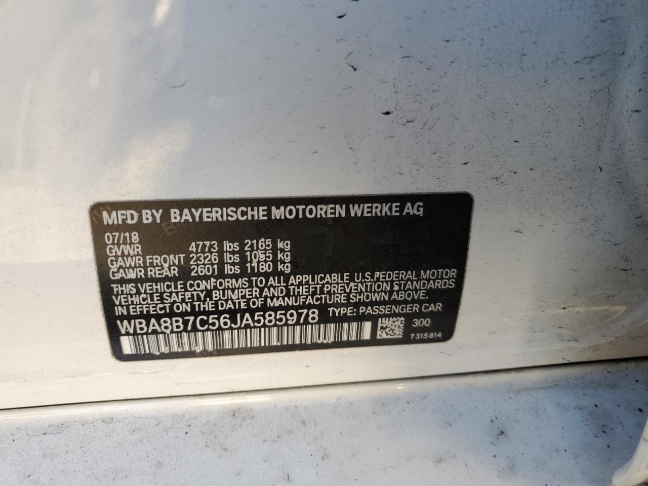 2018 BMW 340 Xi VIN: WBA8B7C56JA585978 Lot: 86498035