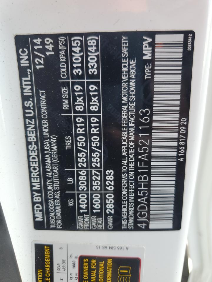 2015 Mercedes-Benz Ml 350 4Matic VIN: 4JGDA5HB1FA521163 Lot: 84449595