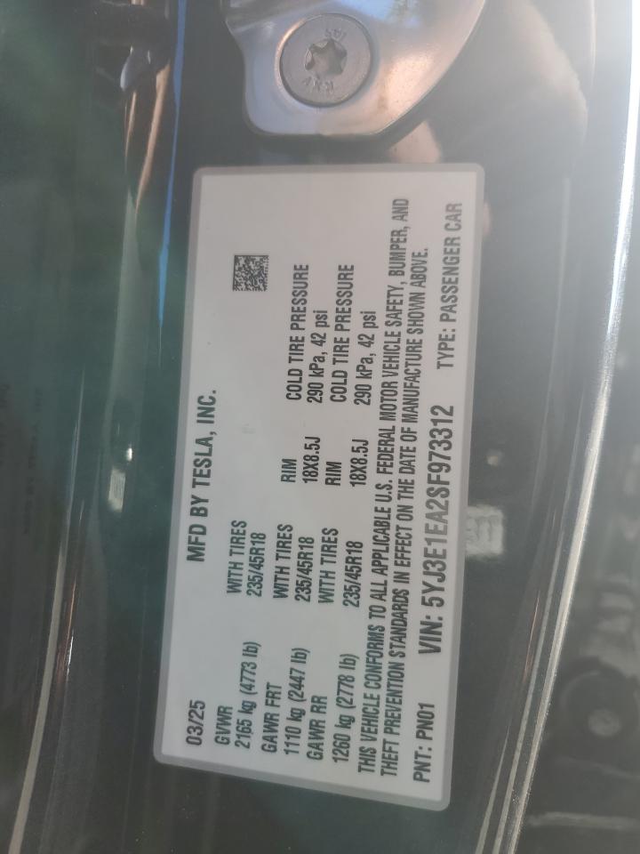 2025 Tesla Model 3 VIN: 5YJ3E1EA2SF973312 Lot: 84913665