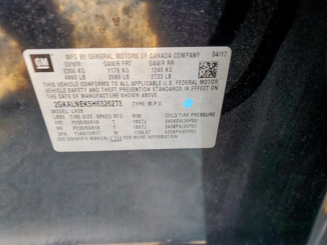 2017 GMC Terrain Sle VIN: 2GKALNEK5H6326273 Lot: 81988425