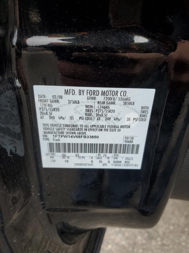 2008 Ford F150 Supercrew VIN: 1FTPW14V68FB33850 Lot: 86277885