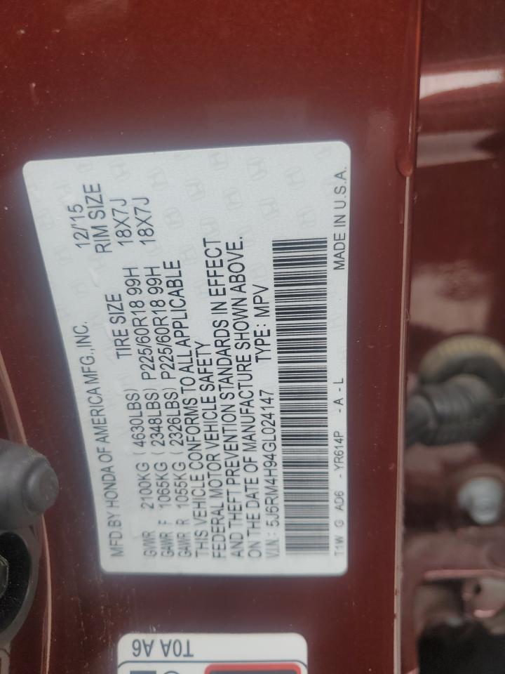 2016 Honda Cr-V Touring VIN: 5J6RM4H94GL024147 Lot: 89737135