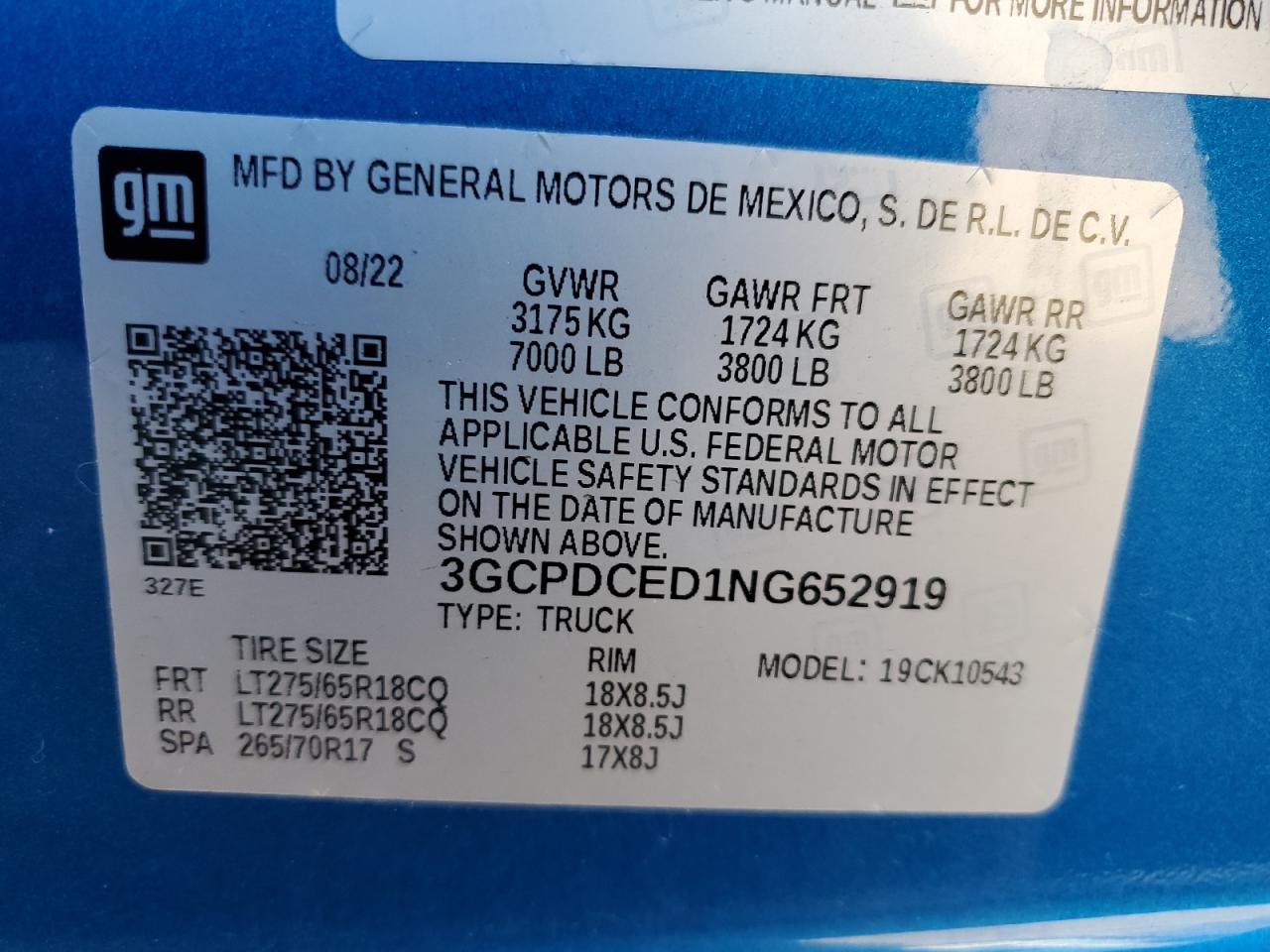 2022 Chevrolet Silverado K1500 Trail Boss Custom VIN: 3GCPDCED1NG652919 Lot: 86804525