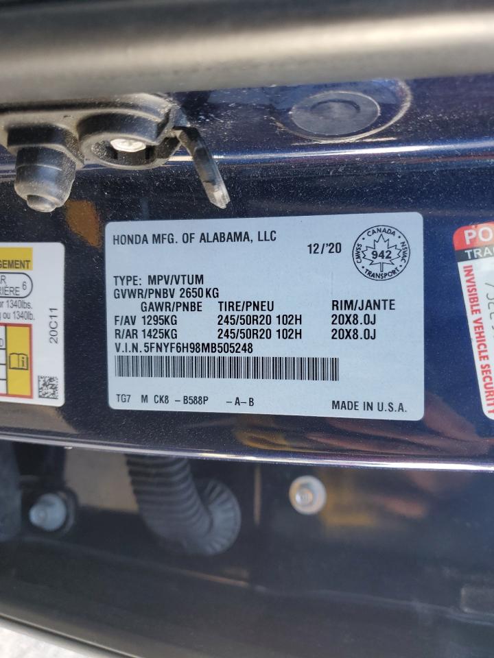 2021 Honda Pilot Touring VIN: 5FNYF6H98MB505248 Lot: 80397995