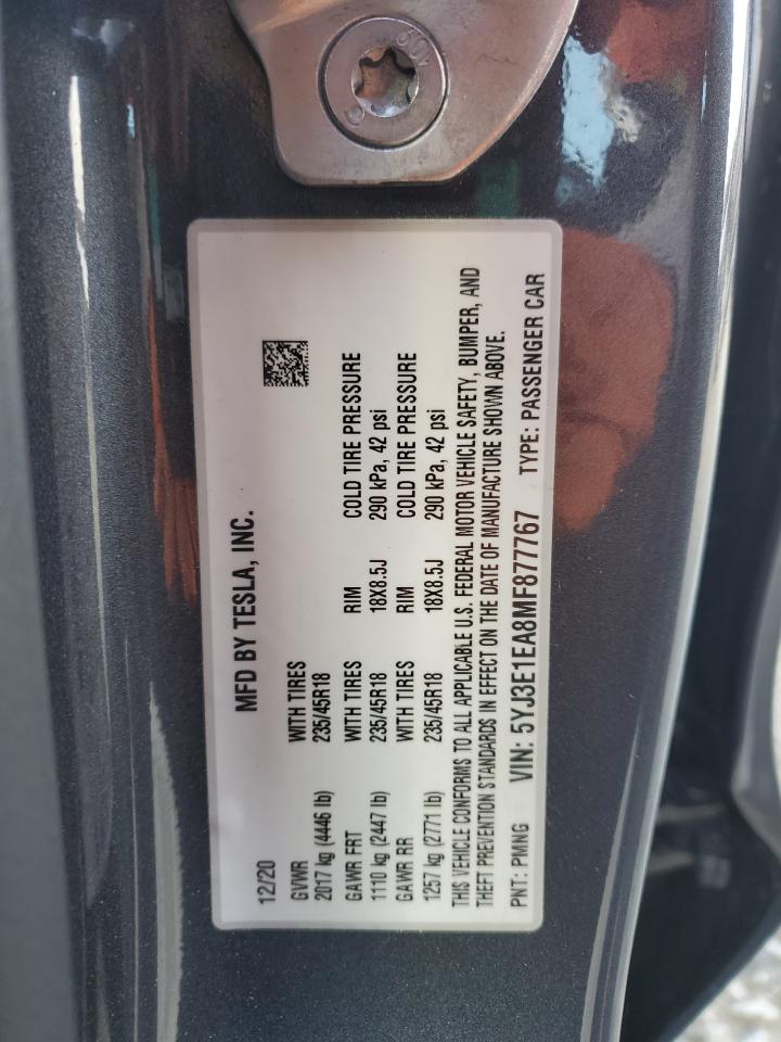 2021 Tesla Model 3 VIN: 5YJ3E1EA8MF877767 Lot: 86181725