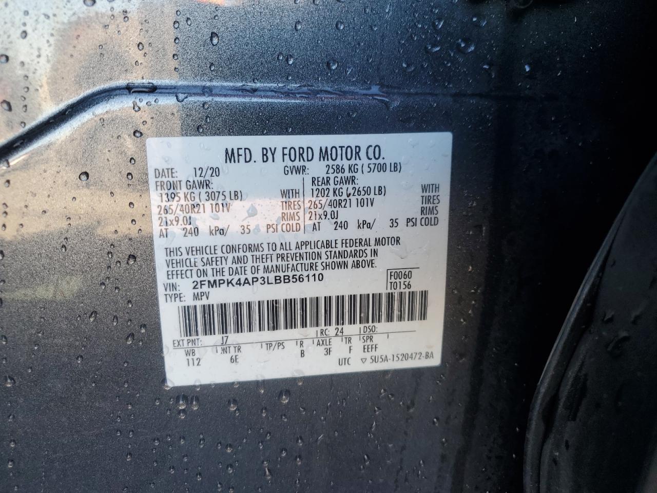 2020 Ford Edge St VIN: 2FMPK4AP3LBB56110 Lot: 84573555