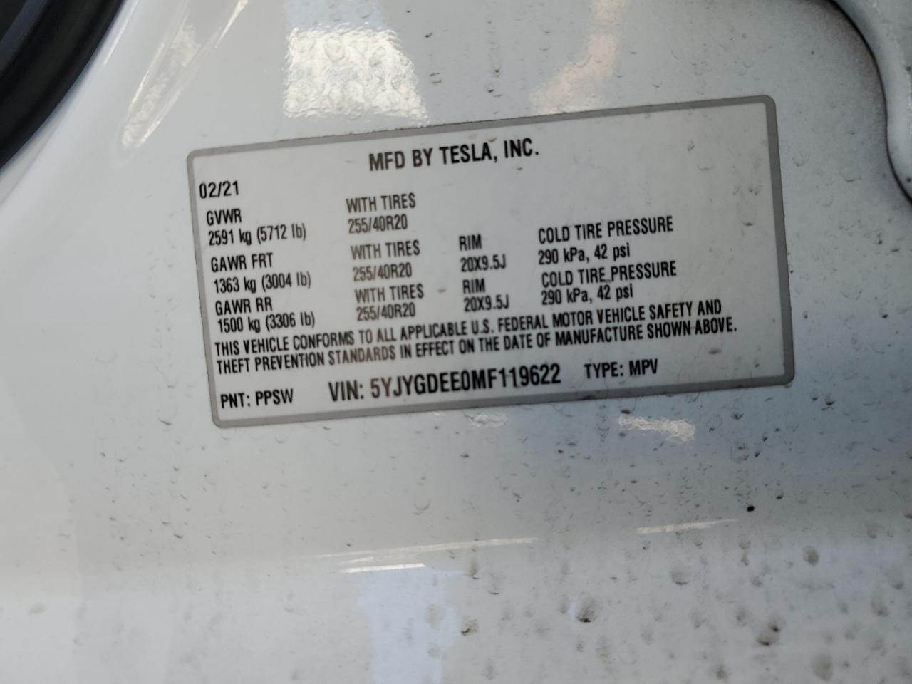 2021 Tesla Model Y VIN: 5YJYGDEE0MF119622 Lot: 82309095