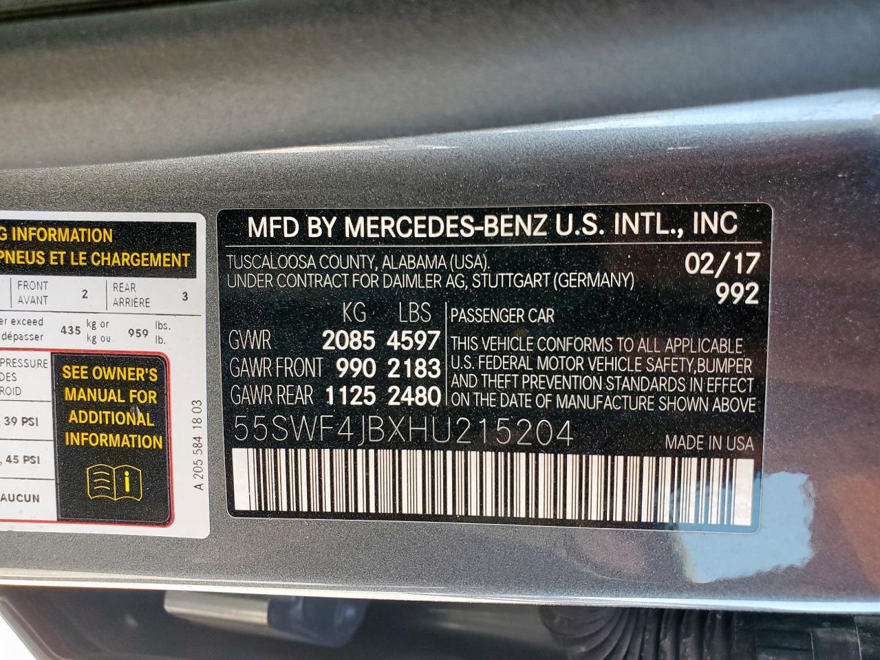 2017 Mercedes-Benz C 300 VIN: 55SWF4JBXHU215204 Lot: 85865855