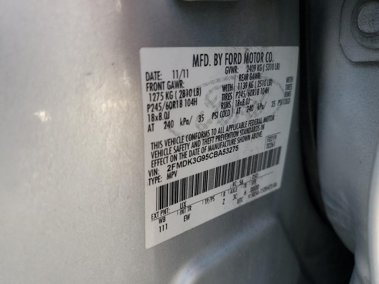 2012 Ford Edge Se VIN: 2FMDK3G95CBA53275 Lot: 82597475