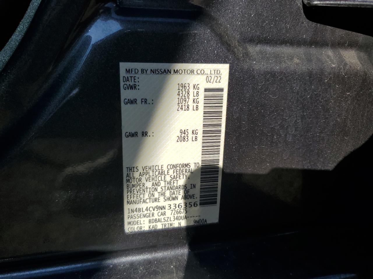 2022 Nissan Altima Sr VIN: 1N4BL4CV9NN336356 Lot: 86076425