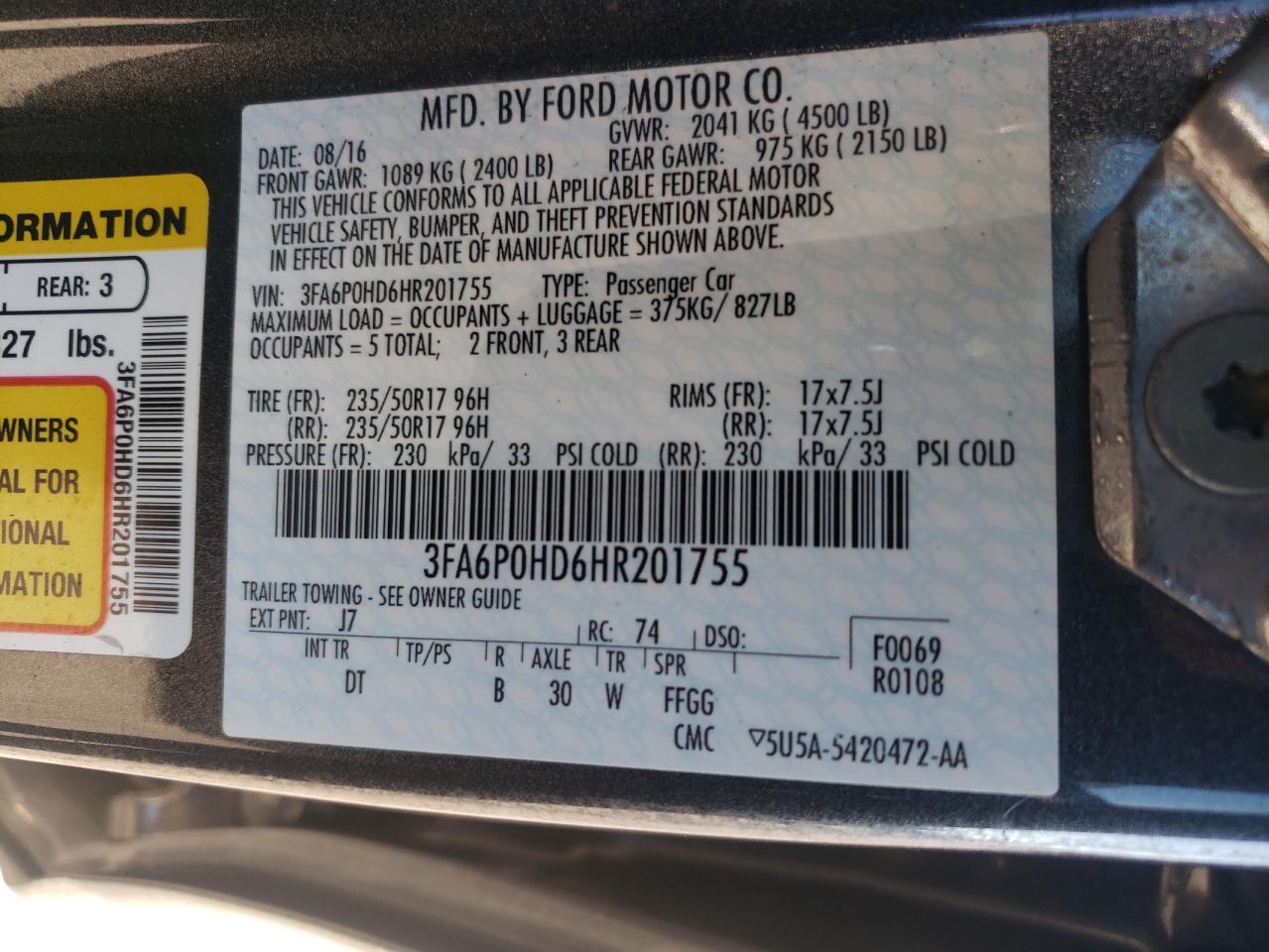 2017 Ford Fusion Se VIN: 3FA6P0HD6HR201755 Lot: 86761865