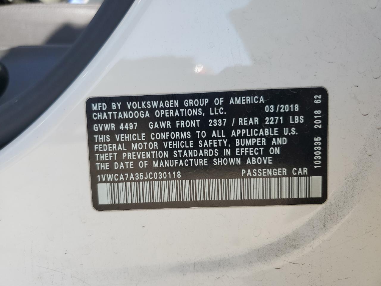 2018 Volkswagen Passat Sel Premium VIN: 1VWCA7A35JC030118 Lot: 85719795