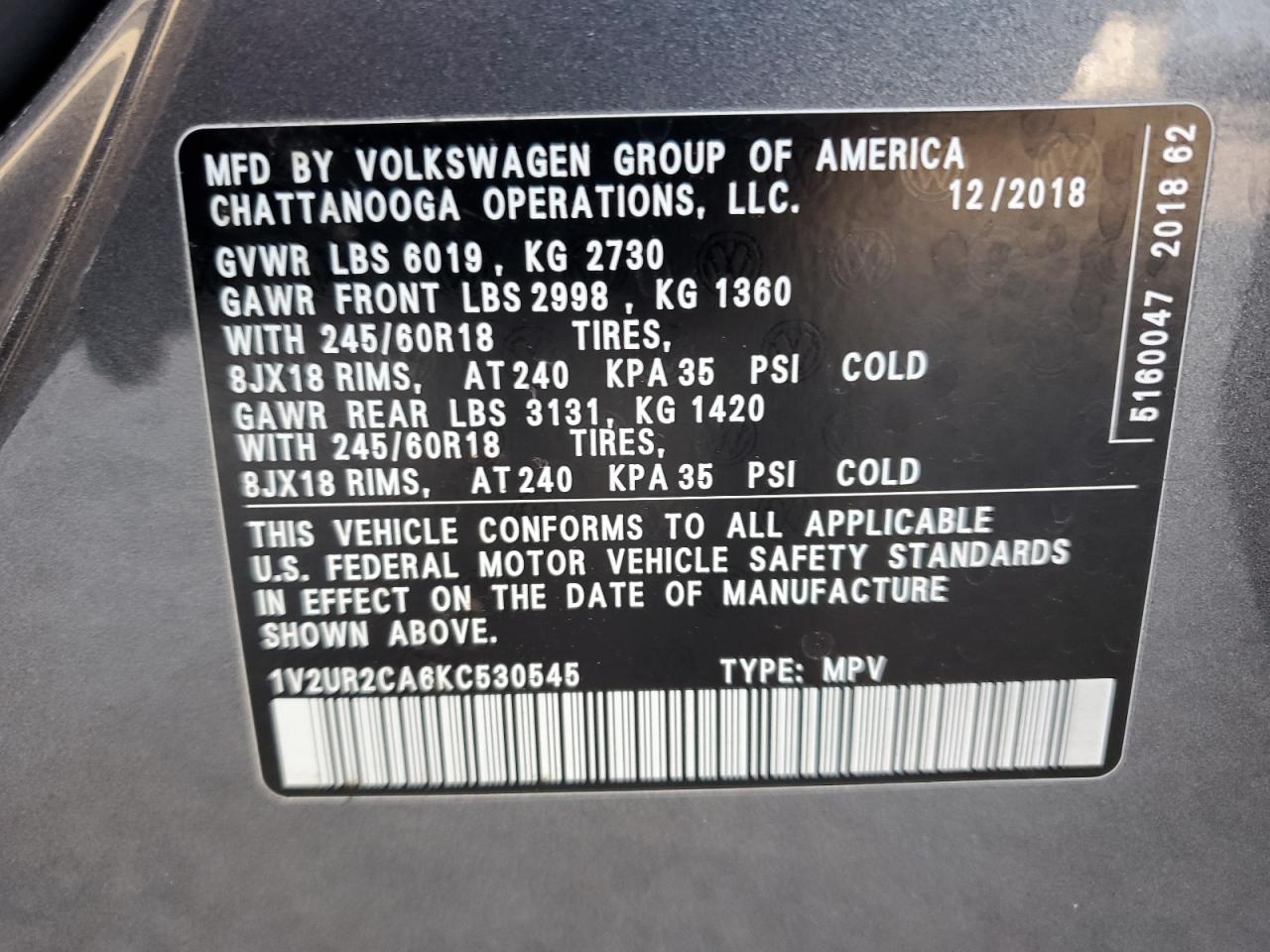 2019 Volkswagen Atlas Se VIN: 1V2UR2CA6KC530545 Lot: 81898795