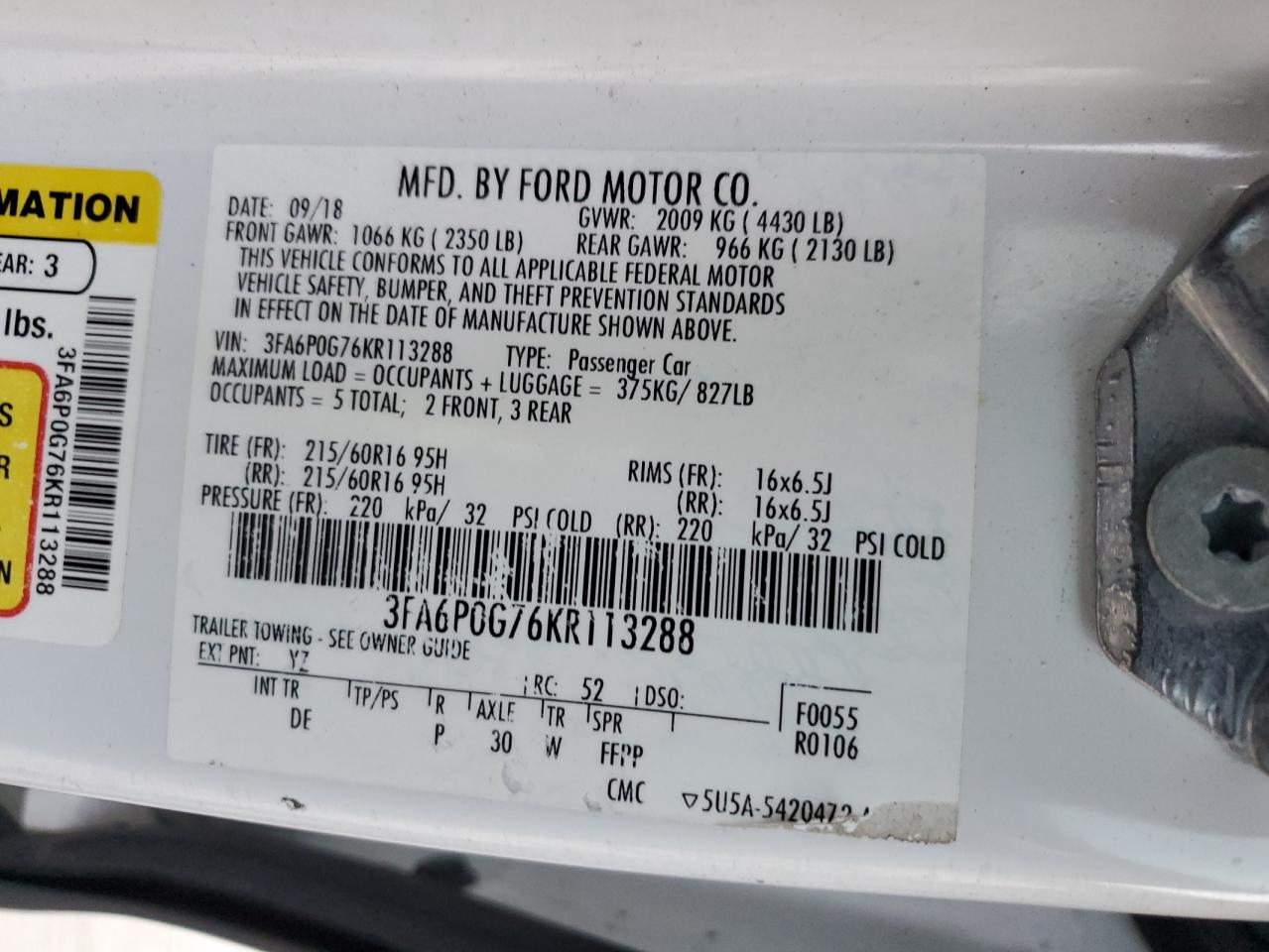 2019 Ford Fusion S VIN: 3FA6P0G76KR113288 Lot: 86895905