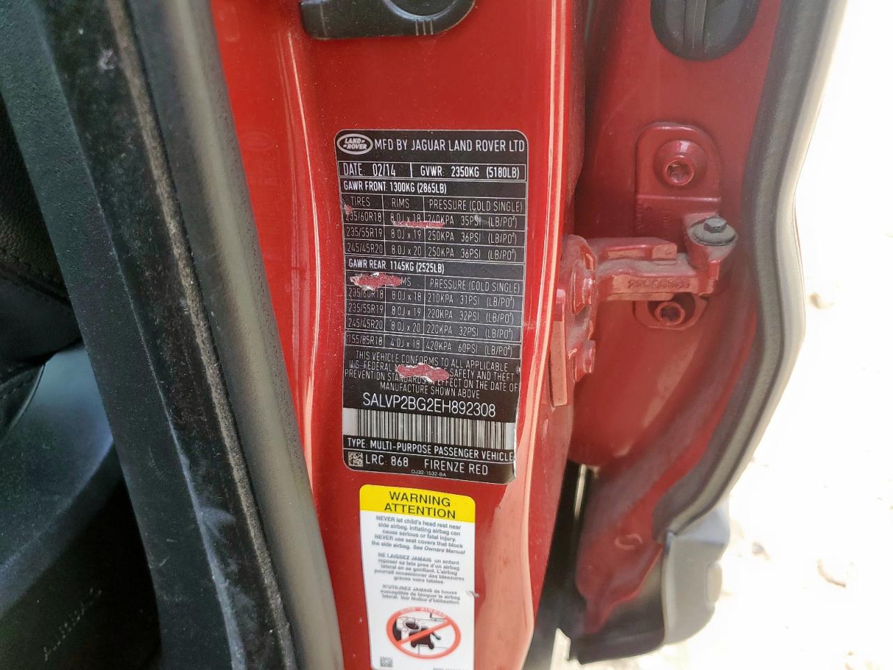 2014 Land Rover Range Rover Evoque Pure Plus VIN: SALVP2BG2EH892308 Lot: 85335405