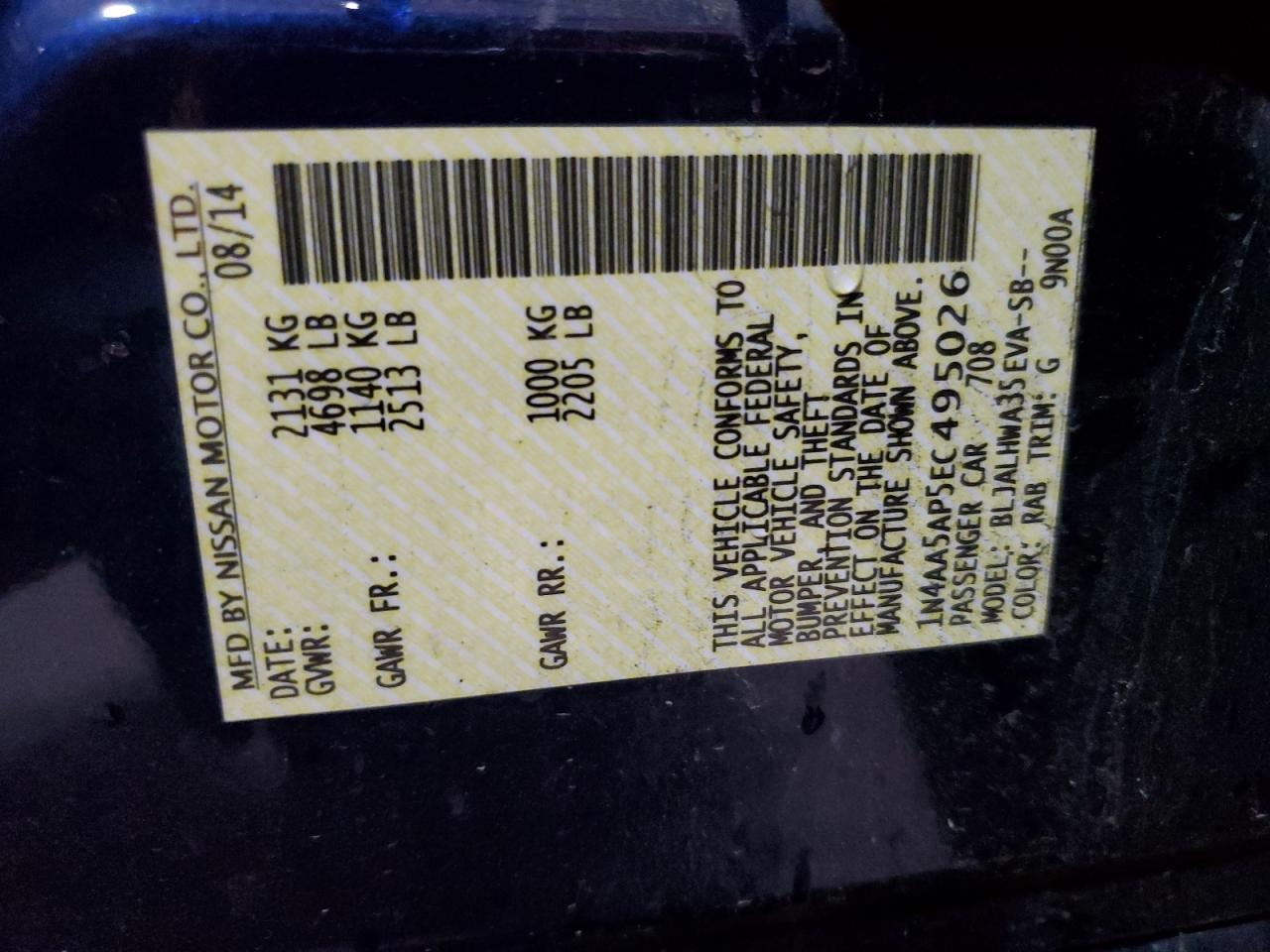 2014 Nissan Maxima S VIN: 1N4AA5AP5EC495026 Lot: 86999585