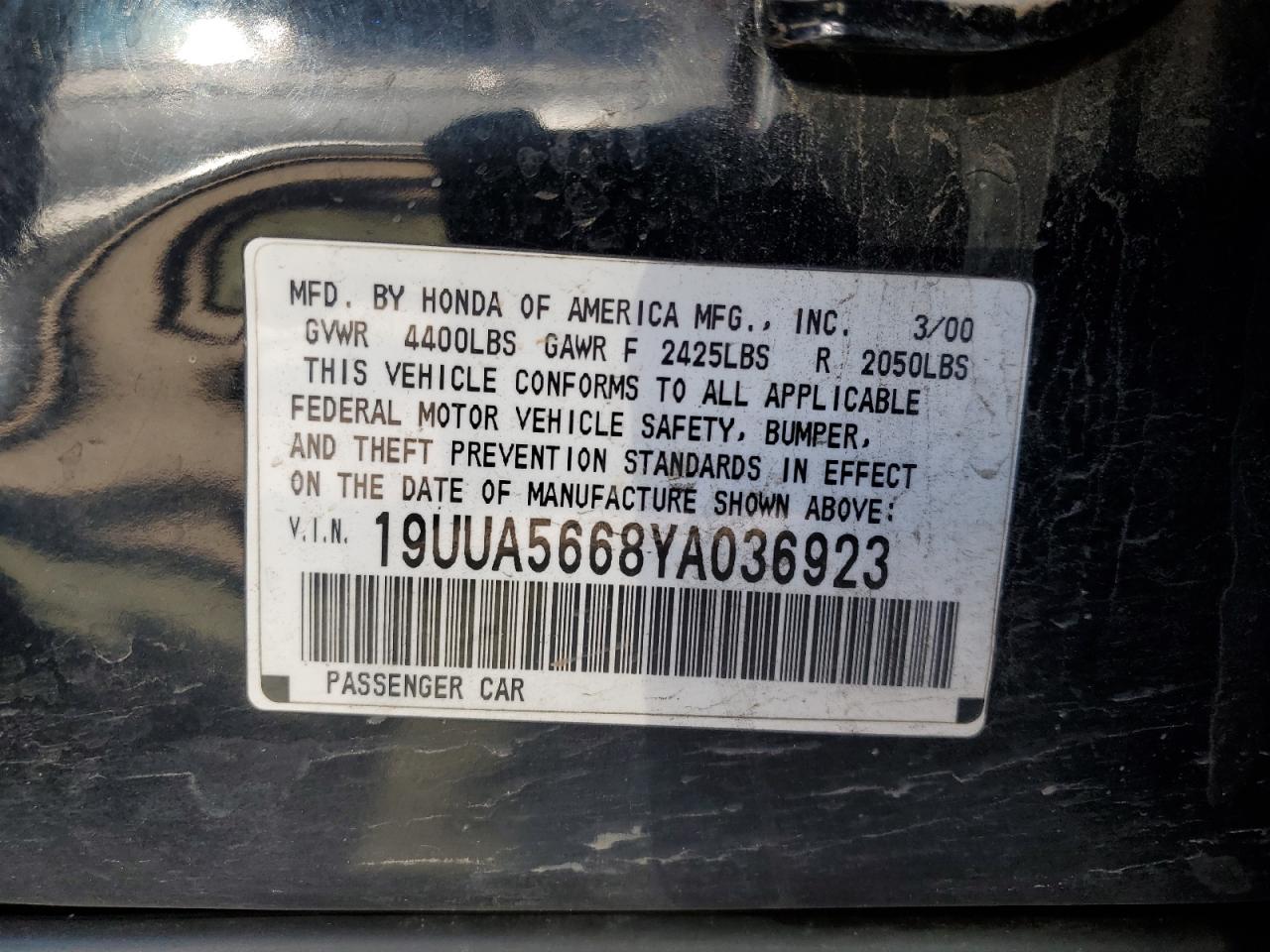 2000 Acura 3.2Tl VIN: 19UUA5668YA036923 Lot: 85424075