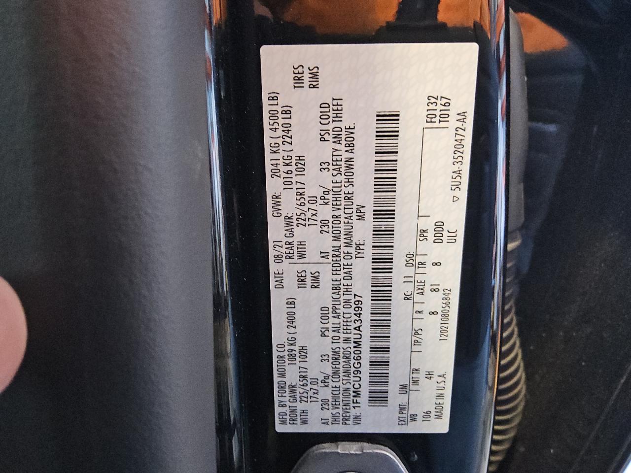 2021 Ford Escape Se VIN: 1FMCU9G60MUA34997 Lot: 84946825