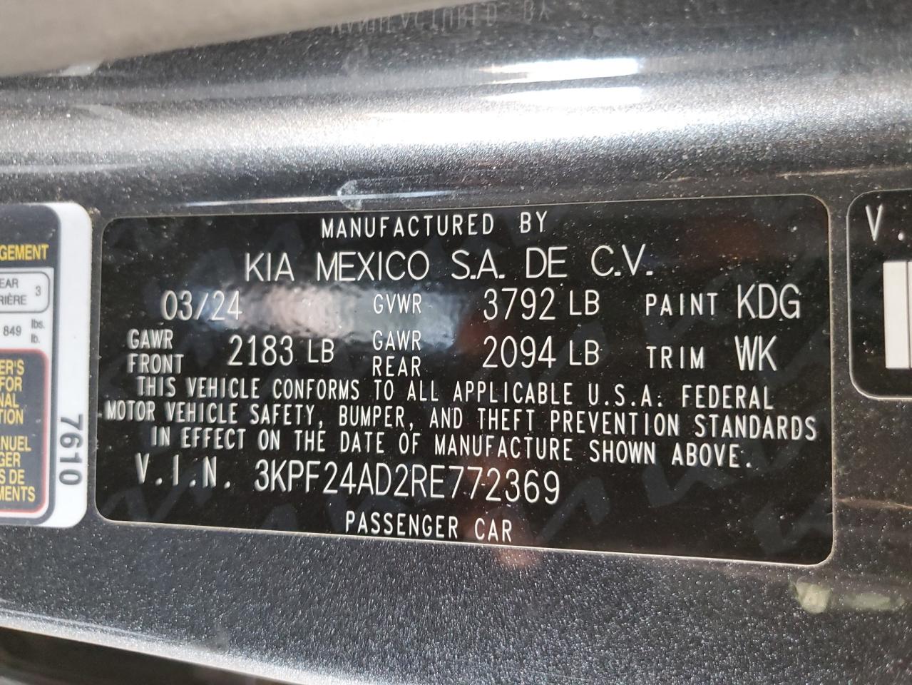 2024 Kia Forte Lx VIN: 3KPF24AD2RE772369 Lot: 82599065