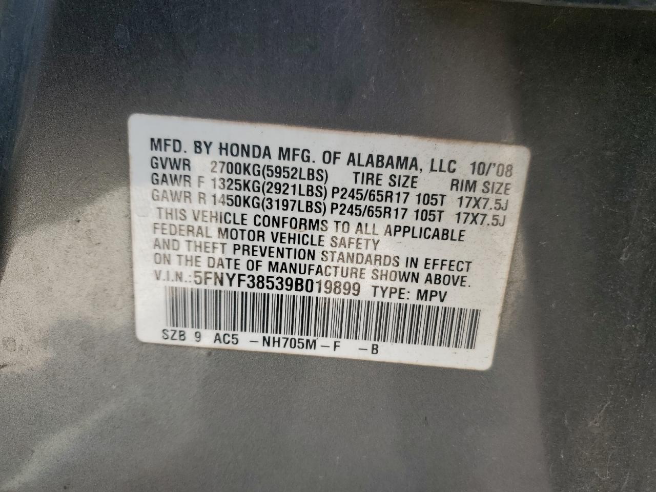 2009 Honda Pilot Exl VIN: 5FNYF38539B019899 Lot: 90332915