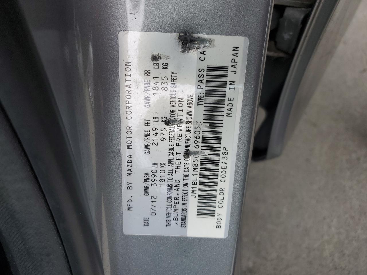 2012 Mazda 3 I VIN: JM1BL1M85C1696052 Lot: 85535385