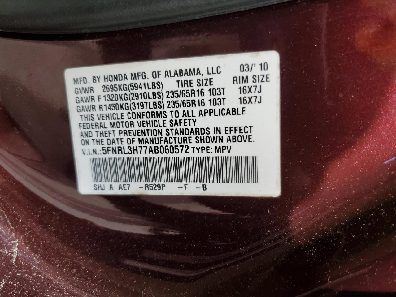 2010 Honda Odyssey Exl VIN: 5FNRL3H77AB060572 Lot: 82253525