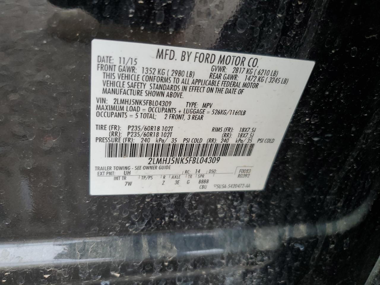 2015 Lincoln Mkt VIN: 2LMHJ5NK5FBL04309 Lot: 85335525