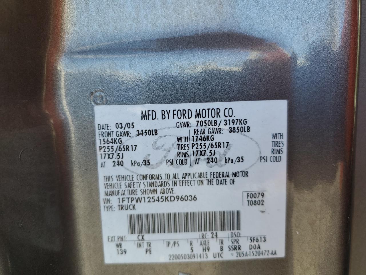 2005 Ford F150 Supercrew VIN: 1FTPW12545KD96036 Lot: 86854765