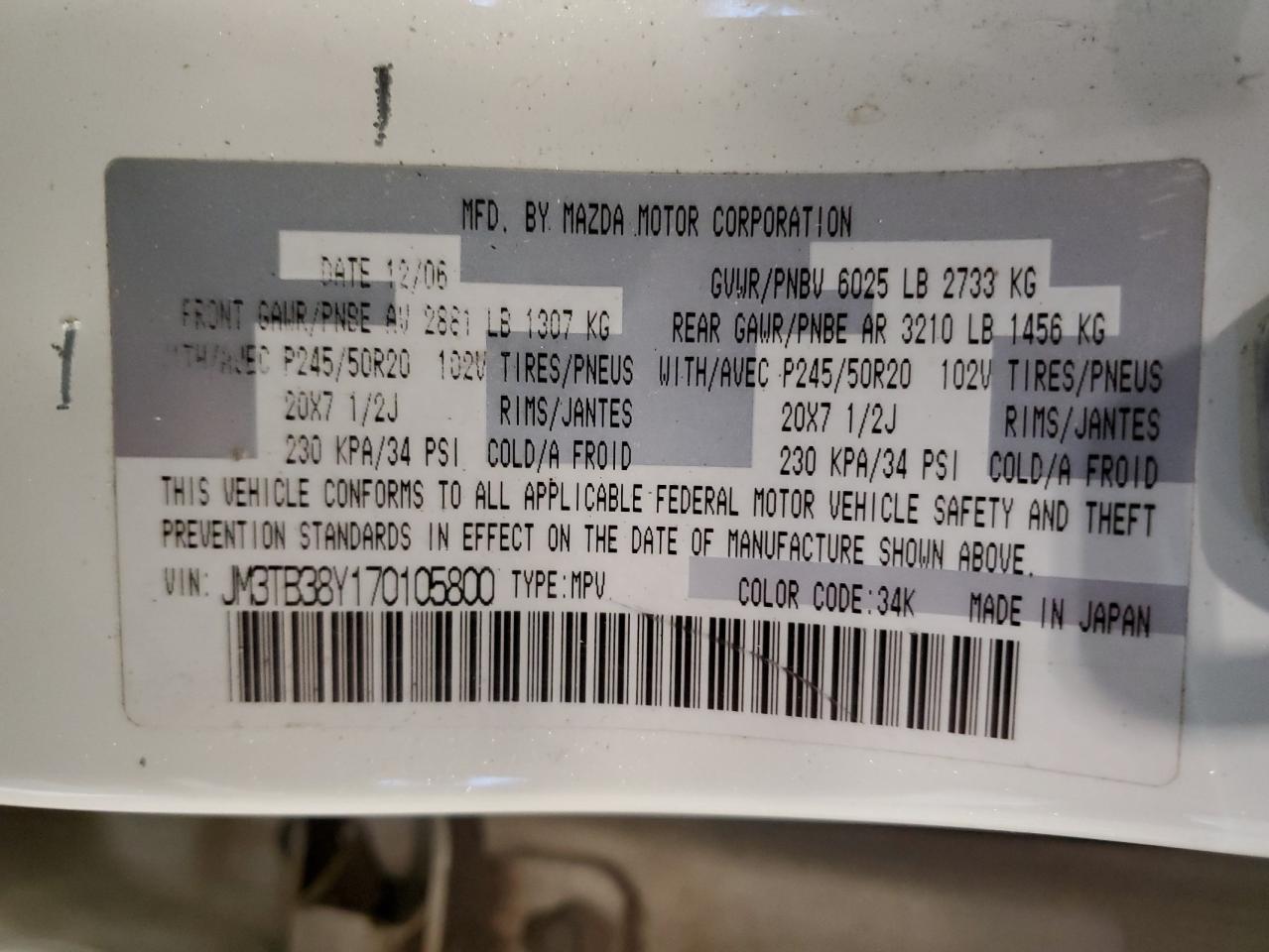 2007 Mazda Cx-9 VIN: JM3TB38Y170105800 Lot: 90502405