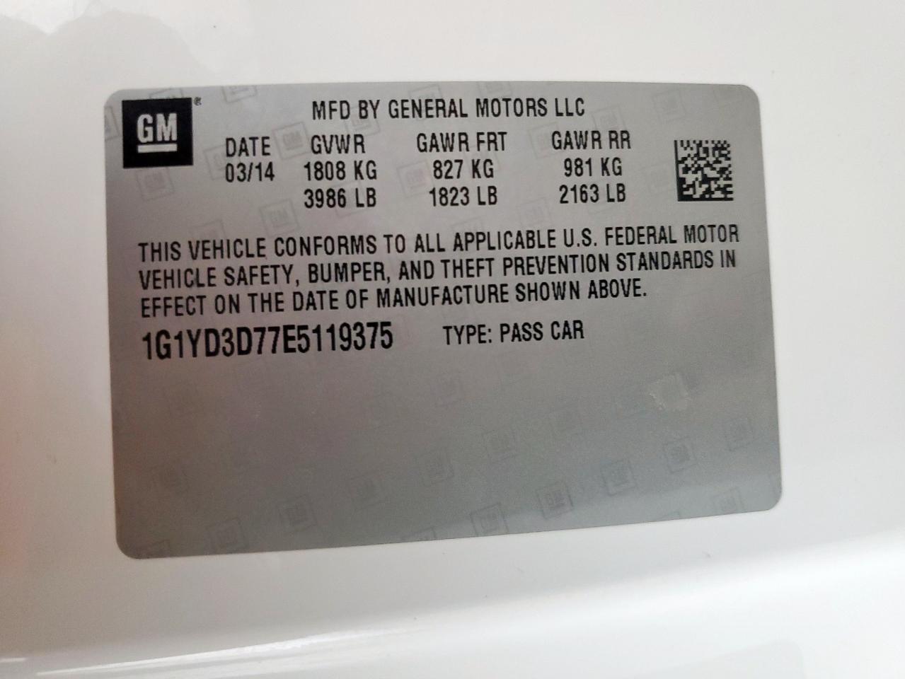 2014 Chevrolet Corvette Stingray 2Lt VIN: 1G1YD3D77E5119375 Lot: 86114815