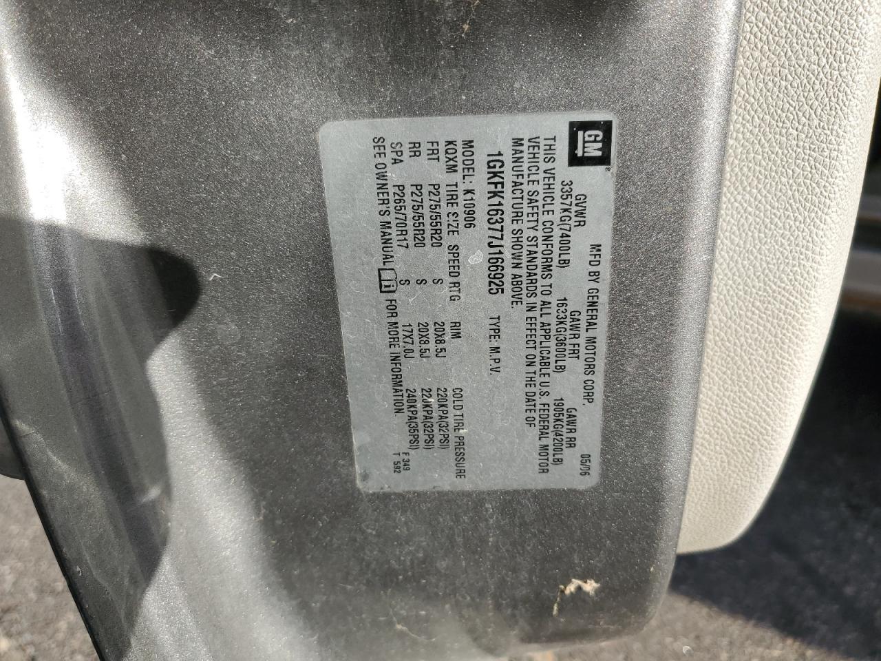 2007 GMC Yukon Xl K1500 VIN: 1GKFK16377J166925 Lot: 85564275