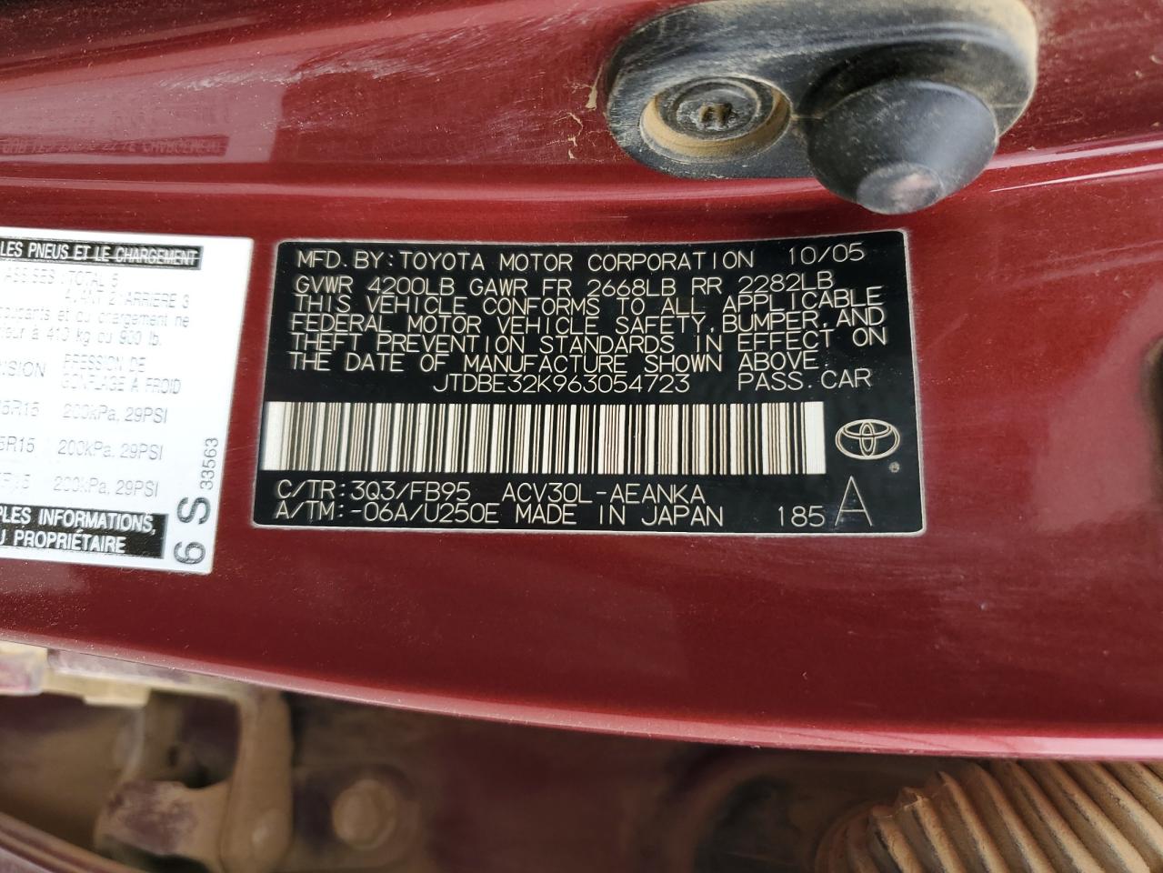 2006 Toyota Camry Le VIN: JTDBE32K963054723 Lot: 86329535