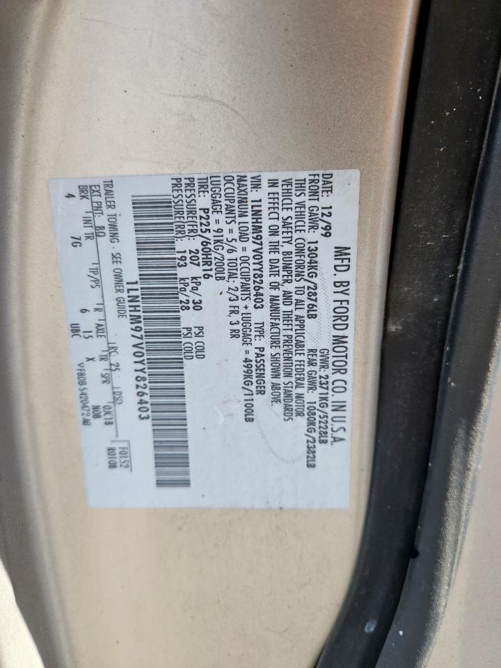 2000 Lincoln Continental VIN: 1LNHM97V0YY826403 Lot: 91001535