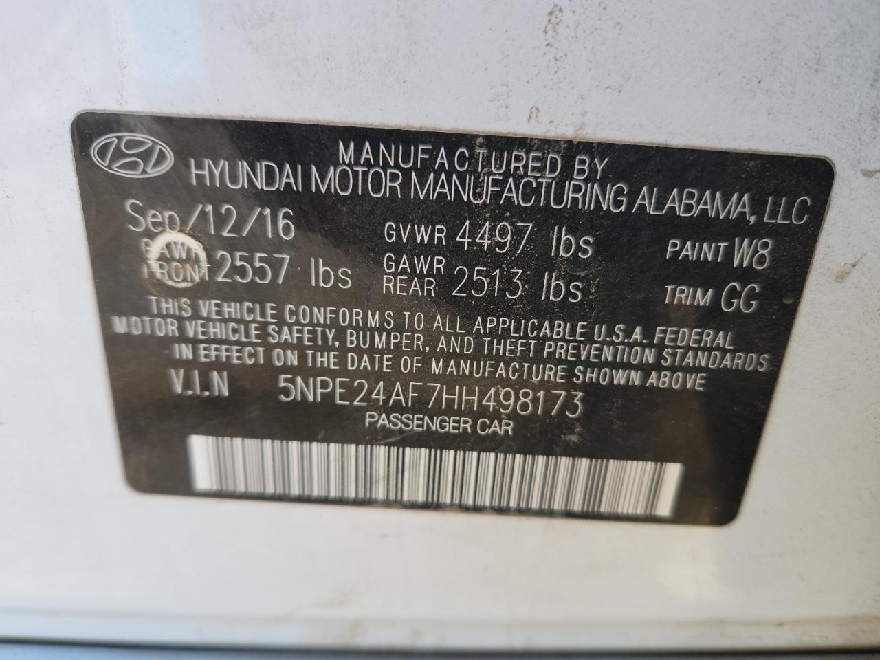 2017 Hyundai Sonata Se VIN: 5NPE24AF7HH498173 Lot: 87271815