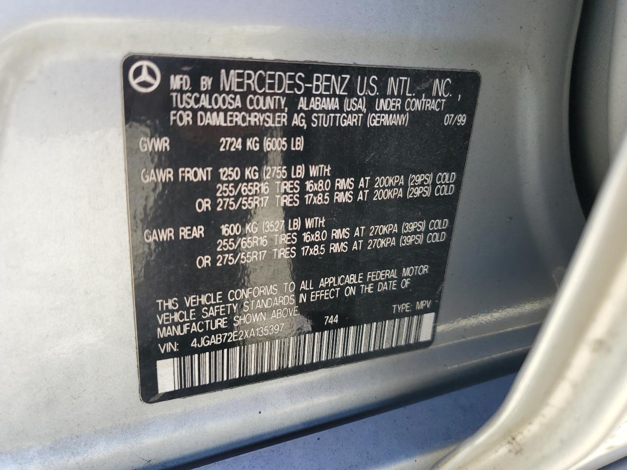 1999 Mercedes-Benz Ml 430 VIN: 4JGAB72E2XA135397 Lot: 84933045