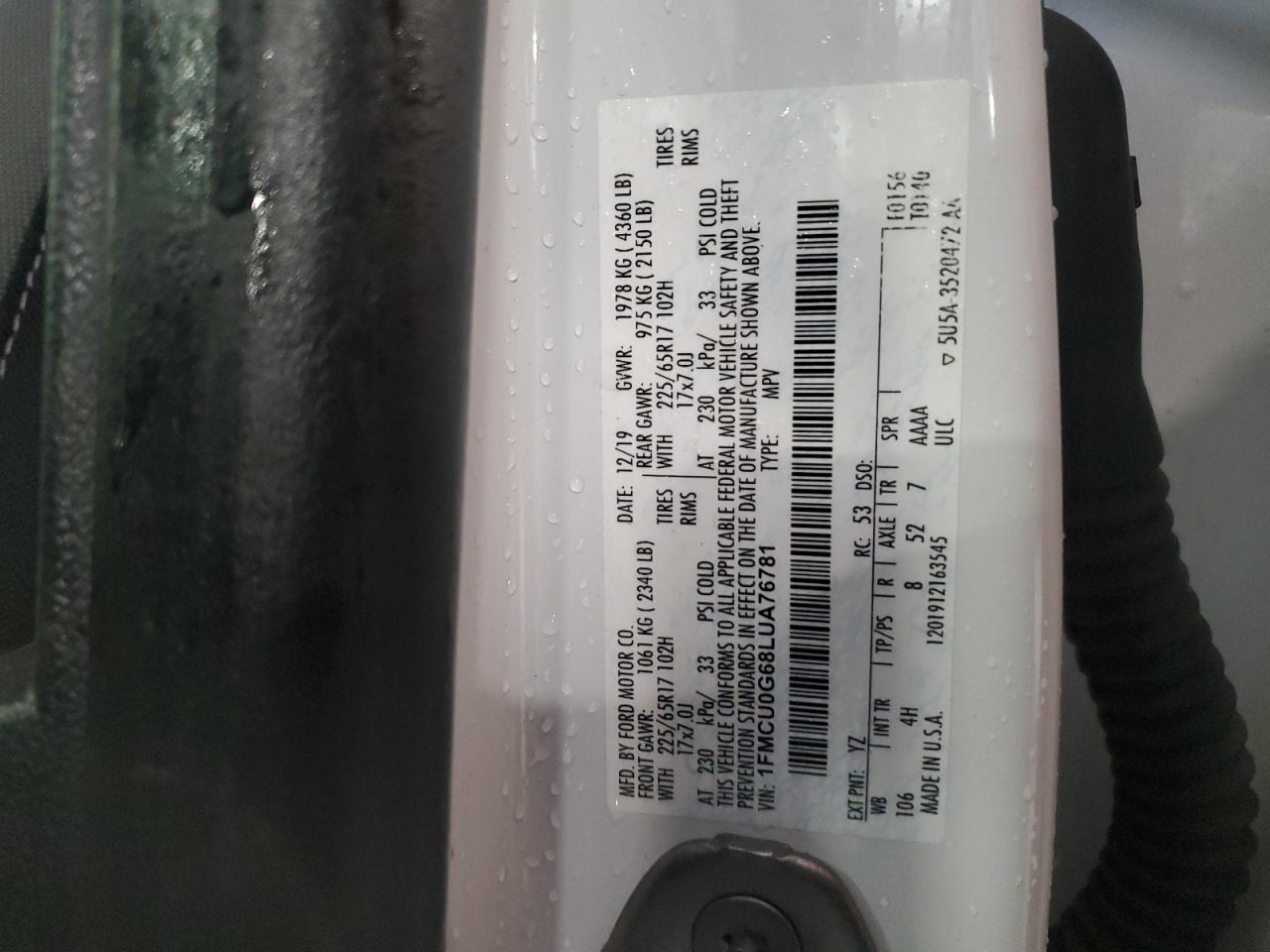 2020 Ford Escape Se VIN: 1FMCU0G68LUA76781 Lot: 85297165