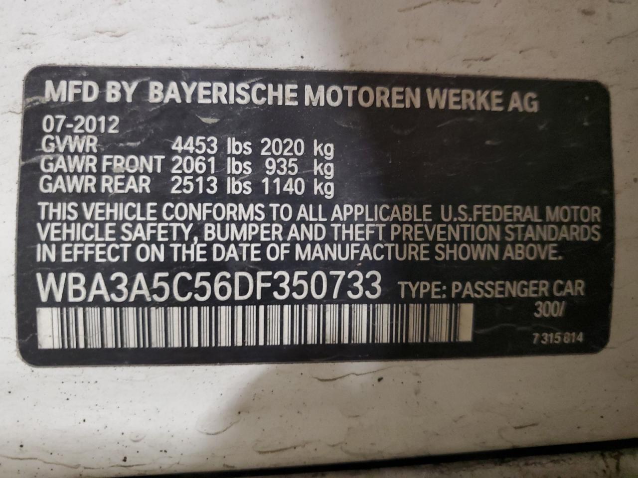 2013 BMW 328 I VIN: WBA3A5C56DF350733 Lot: 85200635