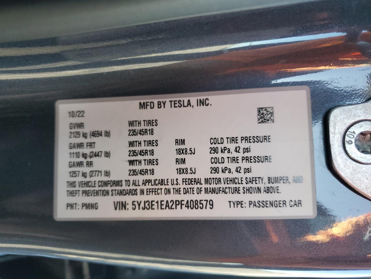 2023 Tesla Model 3 VIN: 5YJ3E1EA2PF408579 Lot: 86272535
