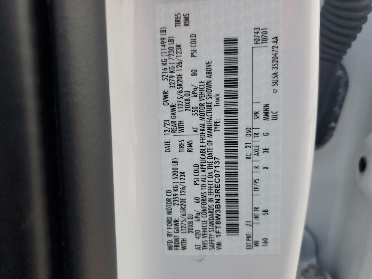 2024 Ford F350 Super Duty VIN: 1FT8W3BN3REC07137 Lot: 87050455