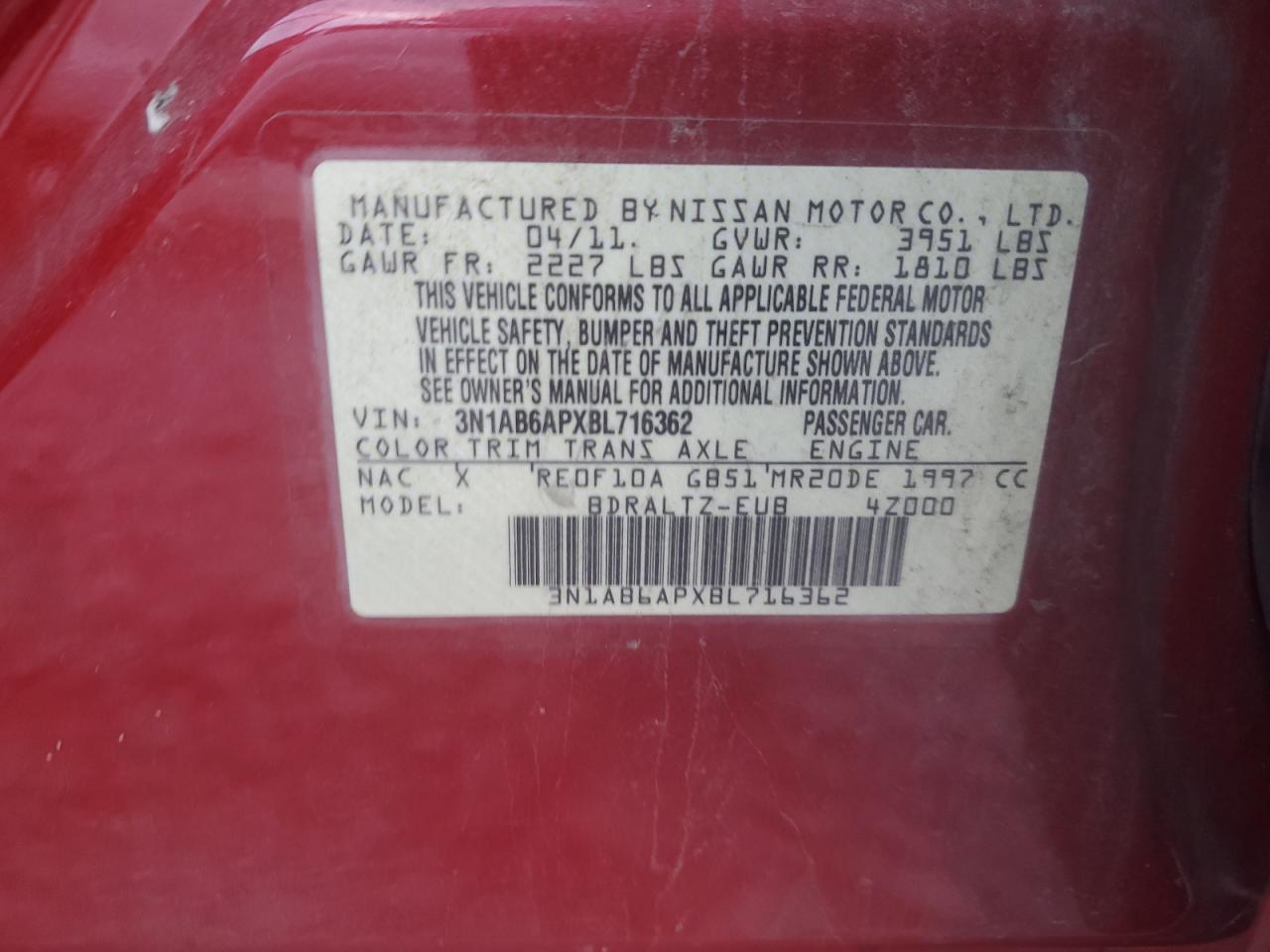 2011 Nissan Sentra 2.0 VIN: 3N1AB6APXBL716362 Lot: 84638915