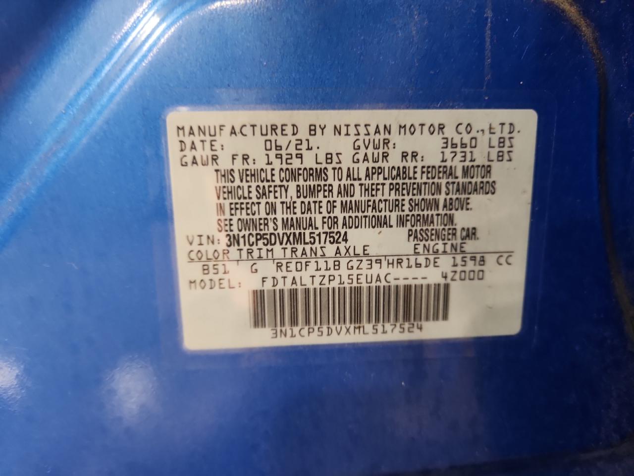 2021 Nissan Kicks Sr VIN: 3N1CP5DVXML517524 Lot: 86174475