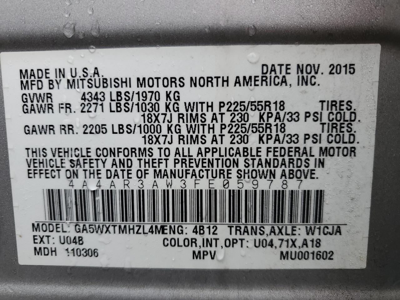 2015 Mitsubishi Outlander Sport Es VIN: 4A4AR3AW3FE059787 Lot: 90355595